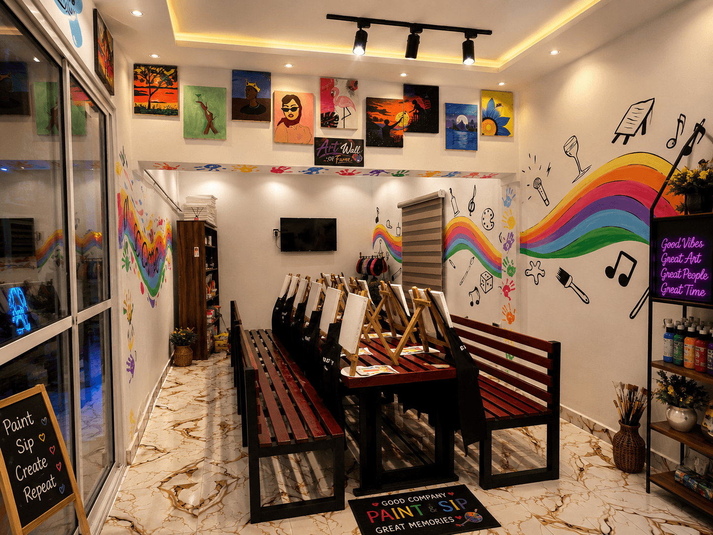 The Artsy by Oma studio set up with easels and original artwork
